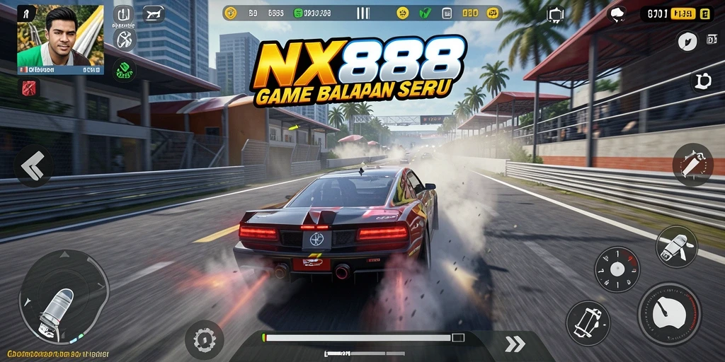 Screenshot utama NX888 menampilkan aksi balapan yang mendebarkan dan mobil kencang.