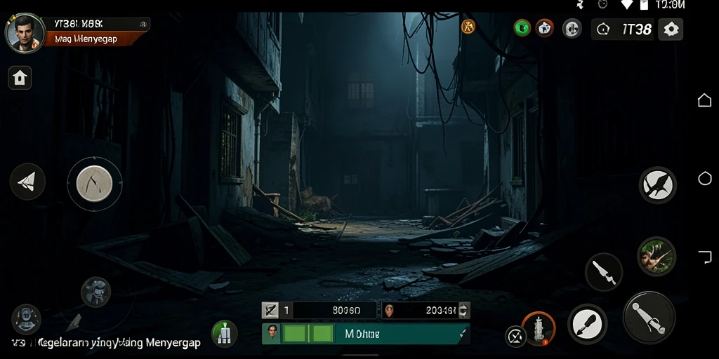 Tampilan gameplay VT38 yang mencekam dan menyiratkan kegelapan.